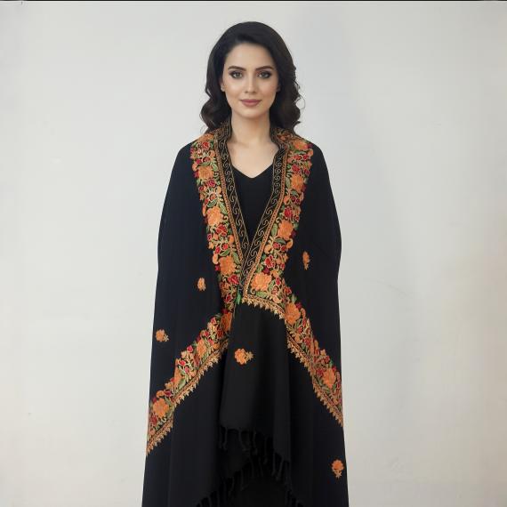 Pure Poly Wool Kashmiri Stole With Ari Work (border and boti design)