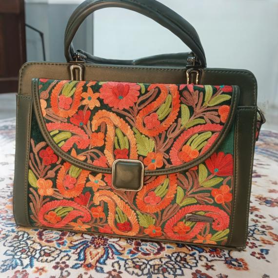 Artisanal Kashmiri Embroidered Multi-Compartment Handbag with Adjustable Sling