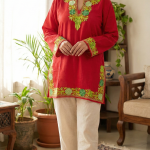 Pure summer cool short kurti top with ari embroidered sleeves, neck and border